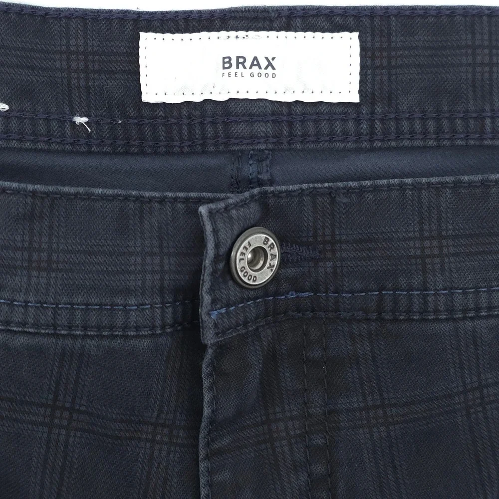 Brax Mens Pants Cooper Fancy 36x34 Navy Blue Plaid Regular Fit Trousers